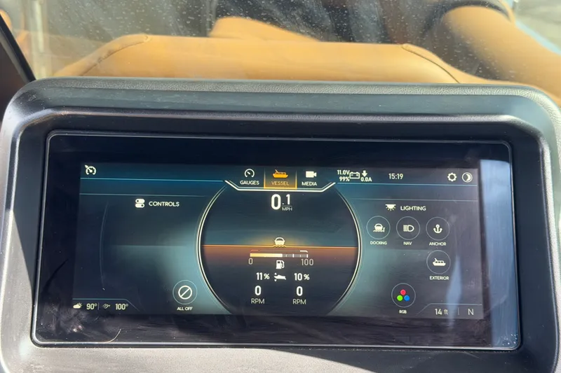 Slide: The Image of 2025 Avalon Excalibur LTD dashboard displaying vessel controls and lighting options. - 46
