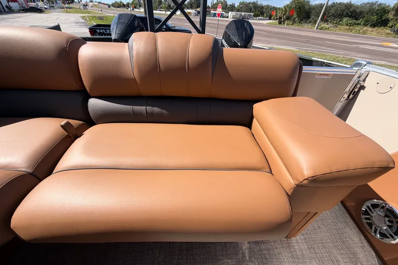 Slide: The Image of Luxurious tan leather seating on 2025 Avalon Excalibur LTD Quad Lounge boat. - 86