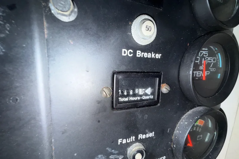 Slide: The Image of Close-up of 1988 Californian 45 Motor Yacht dashboard with gauges and DC breaker. - 35