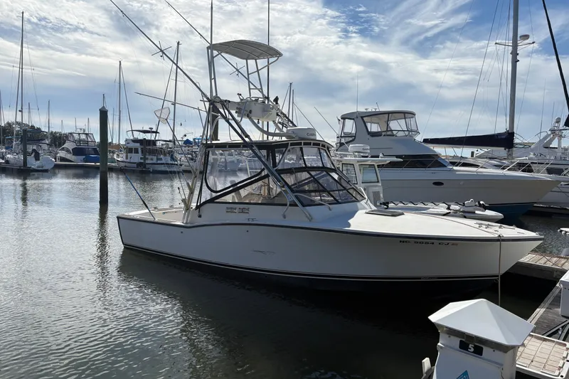 Slide: The Image of Ein Carolina Classic 28 Boot von 1995 liegt in einem Yachthafen, umgeben von anderen Booten. - 50