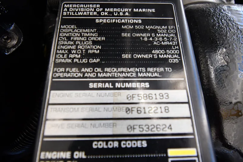 Slide: The Image of Engine specifications label for 1995 Fountain 24 Competition boat, featuring serial numbers and technical details. - 30