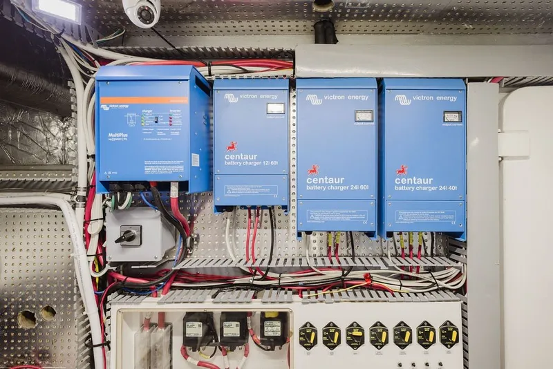Slide: The Image of Electrical system of a 1999 Ocean Alexander 680 Classicco yacht with Victron Energy chargers. - 88