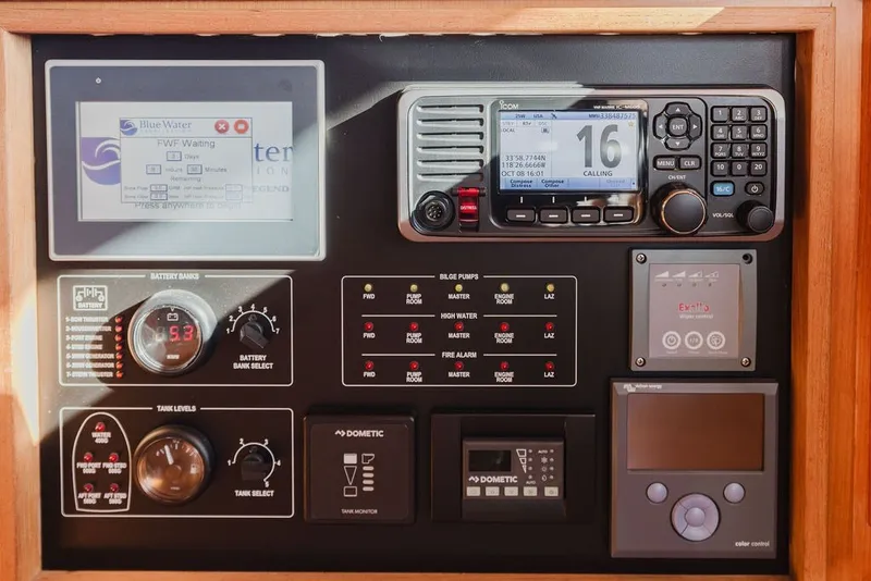 Slide: The Image of Control panel of a 1999 Ocean Alexander 680 Classicco yacht with navigation and monitoring systems. - 43