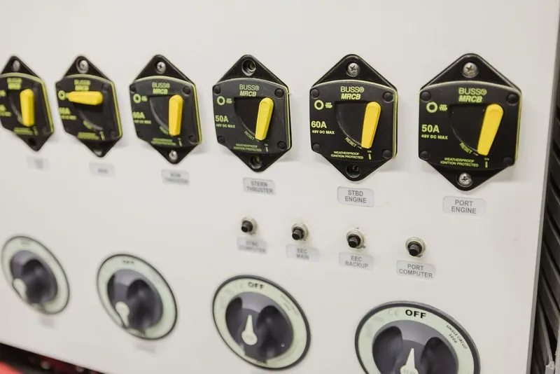 Slide: The Image of Electrical control panel on a 1999 Ocean Alexander 680 Classicco yacht. - 95