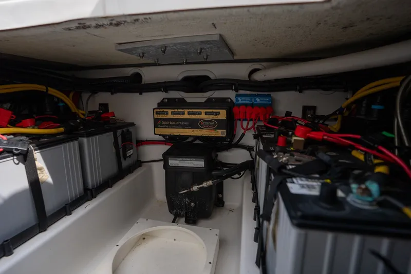 Slide: The Image of Electrical system of 2023 Front Runner 39 Center Console boat, featuring batteries and wiring. - 29