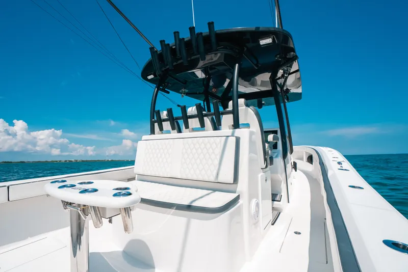 Slide: The Image of 2023 Front Runner 39 Center Console boat on open water, featuring sleek seating and modern design. - 72