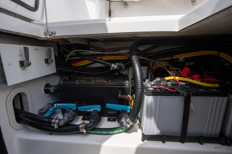 Slide: The Image of Electrical system of 2023 Front Runner 39 Center Console boat, featuring batteries and wiring. - 28