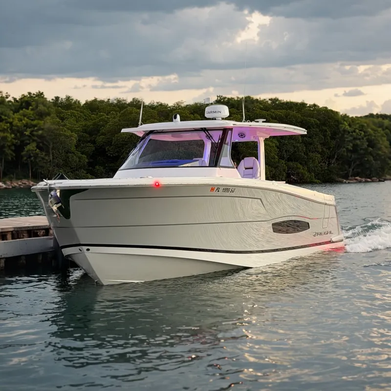 The Image of 2020 Regal 38 SAV boat docked on calm water at sunset. - 0