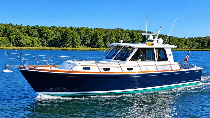 The Image of Grand Banks SX 2010 on calm water, surrounded by trees, with an American flag. - 1