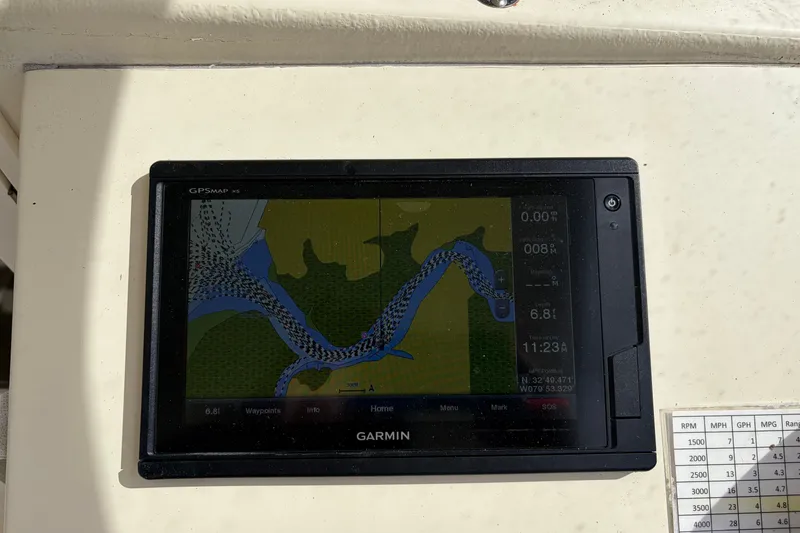 Slide: The Image of Garmin GPS display on 2017 Eastern Boats Seaway Offshore, showing navigational map. - 23