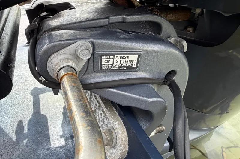 Slide: The Image of Close-up of a Yamaha F150XB motor part on a 2017 Seaway Offshore boat. - 26