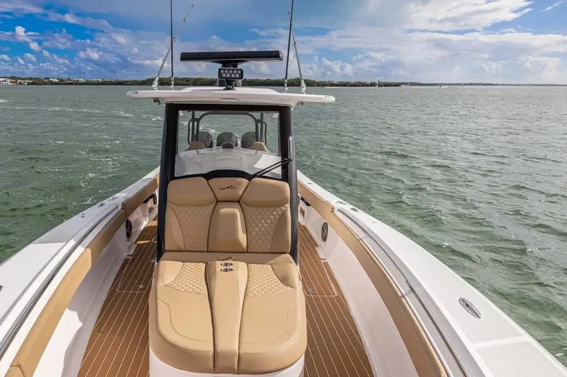 Slide: The Image of Manufacturer Provided Image: 2025 Blackwater 43 Luxury Fish boat on open water, featuring elegant seating and sleek design. - 3