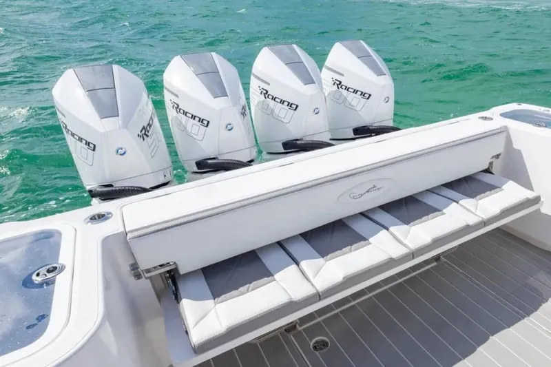Slide: The Image of Manufacturer Provided Image: 2025 Blackwater 43 Luxury Fish boat with four powerful outboard engines on open water. - 10
