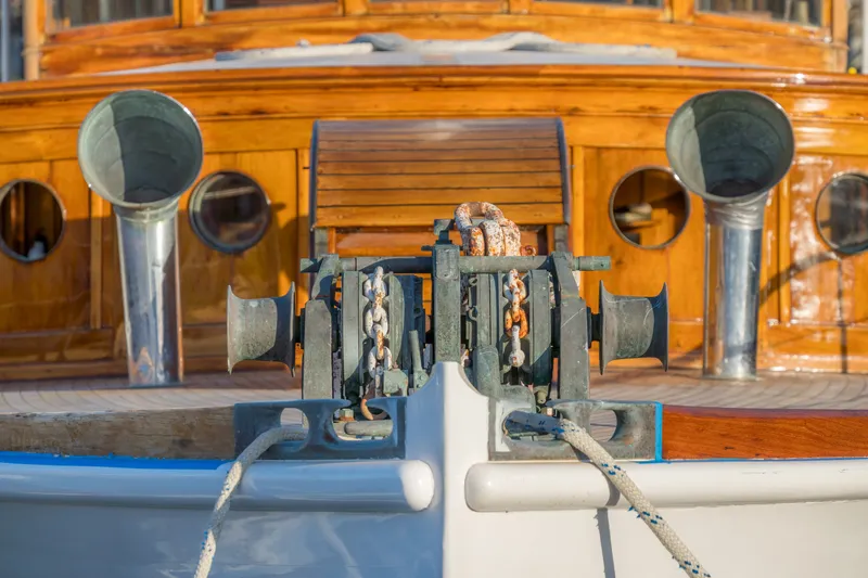 Slide: The Image of Vintage 1922 Blanchard Shipyard Custom boat with wooden deck and metal fittings. - 101