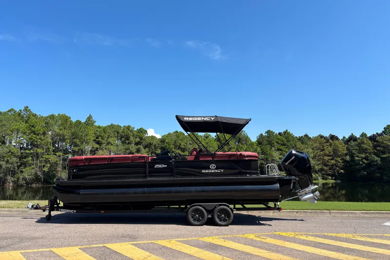 Slide: The Image of 2027 Regency R250DL3 pontoon boat on trailer by a scenic lake. - 2