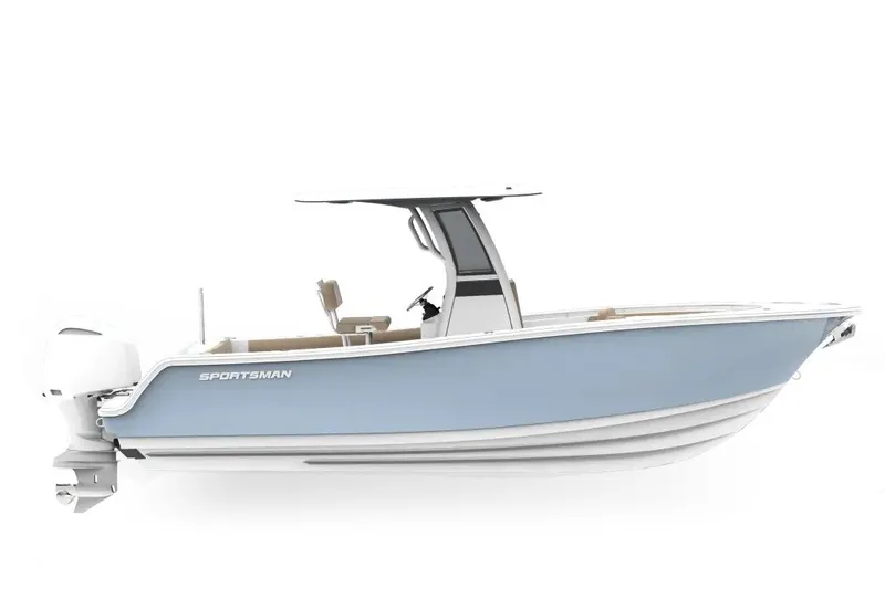 The Image of 2027 Sportsman Heritage 231 Center Console boat, sleek design, light blue hull, outboard motor. - 0