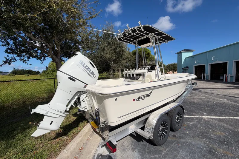 Slide: The Image of 2027 Bulls Bay 2200 XS boat with Suzuki engine on trailer, parked outdoors. - 5