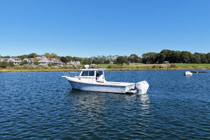 Slide: The Image of A white boat floating on calm water near a green shoreline. - 22