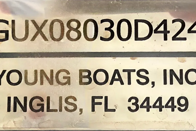 Slide: The Image of 2024 Young Boats 26 Gulfshore identification plate, Inglis, FL, serial number GUX08030D424. - 31
