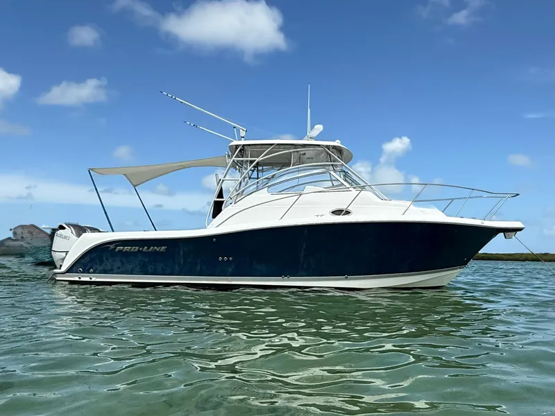 The Image of Ein Pro-Line 32 Express Boot von 2008 schwimmt im klaren Wasser unter einem blauen Himmel. - 1