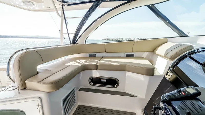 Slide: The Image of 2018 Pursuit 385 Offshore "TAG TEAM" - Helm Seating Area with Panoramic View - 20