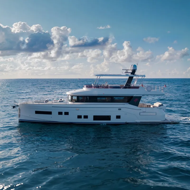 The Image of Luxury Sirena 64 yacht cruising on open sea under a partly cloudy sky. - 0