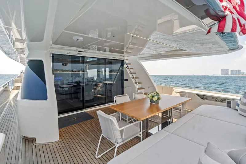 Slide: The Image of Luxurious 2022 Ferretti 850 yacht deck with elegant seating and ocean view. - 17