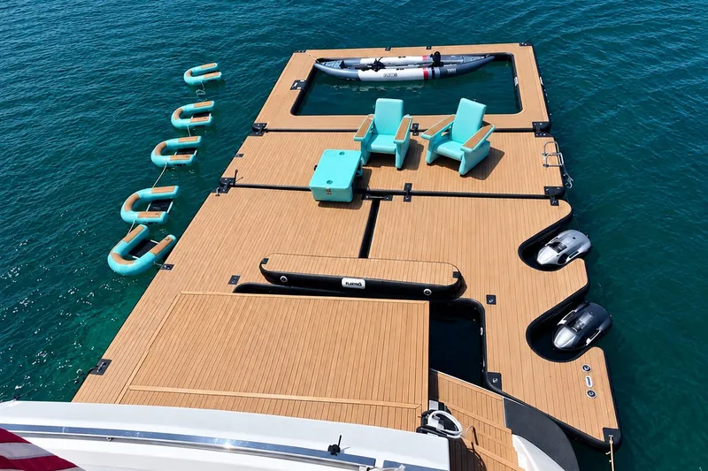 Slide: The Image of Luxurious Ferretti 850 yacht deck with seating and water accessories, 2022 model. - 78
