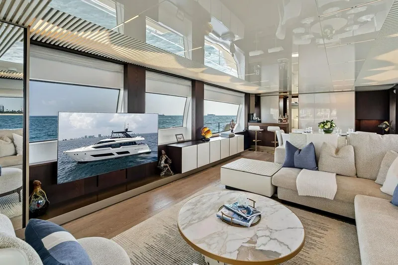 Slide: The Image of Luxurious interior of 2022 Ferretti 850 yacht with elegant furnishings and ocean views. - 29