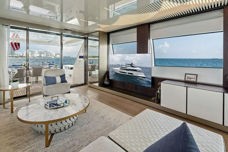 Slide: The Image of Luxurious interior of 2022 Ferretti 850 yacht with ocean view and modern decor. - 28