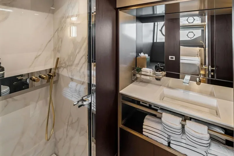 Slide: The Image of Luxurious bathroom on 2022 Ferretti 850 yacht with marble shower and modern vanity. - 50