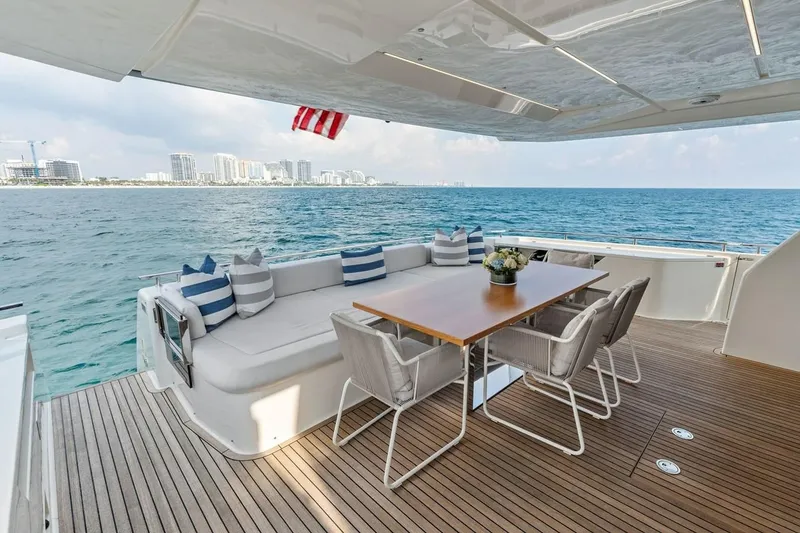 Slide: The Image of Luxurious 2022 Ferretti 850 yacht deck with seating, table, and ocean view. - 18