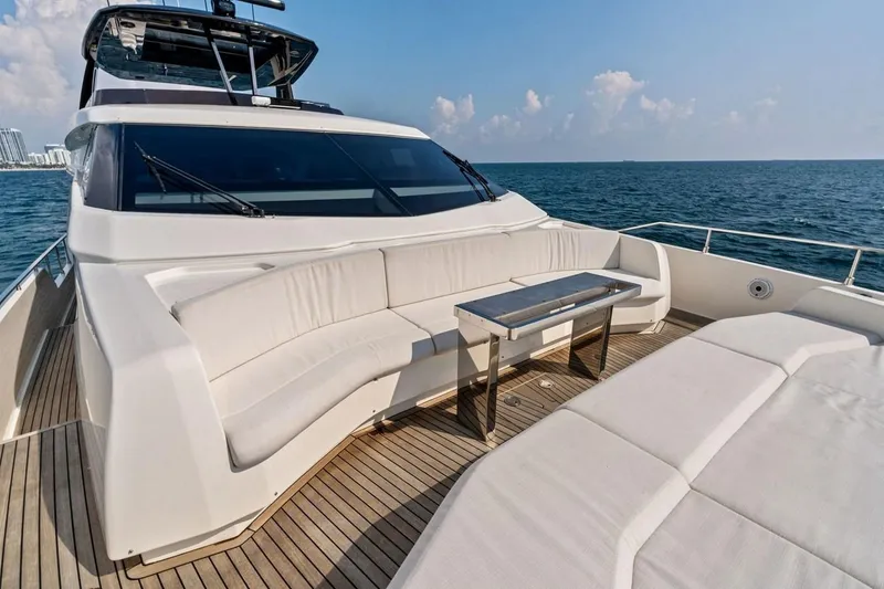 Slide: The Image of Luxurious 2022 Ferretti 850 yacht with elegant deck seating and ocean view. - 24
