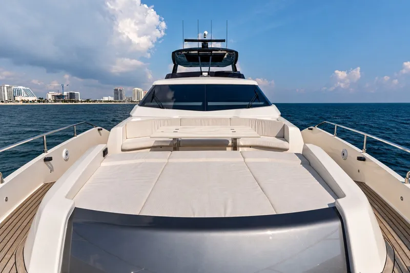 Slide: The Image of Luxurious 2022 Ferretti 850 yacht on open sea with city skyline in background. - 75