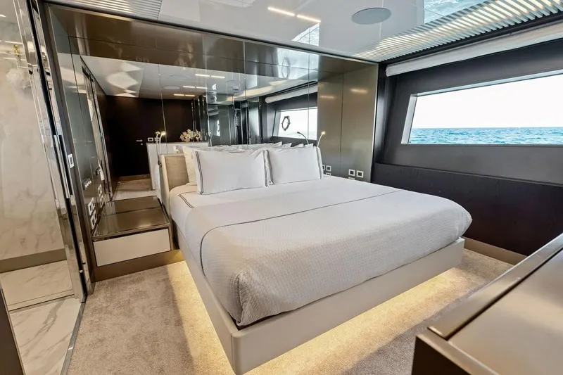 Slide: The Image of Luxurious bedroom interior of 2022 Ferretti 850 yacht with ocean view. - 43