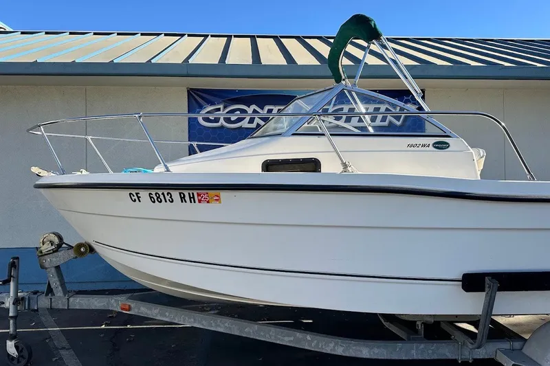 Slide: The Image of 2005 Trophy 1802 Walkaround boat on trailer, parked near a building. - 4