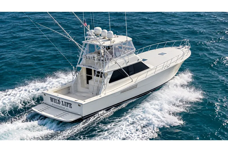 The Image of 1989 Viking 45 Convertible yacht cruising on open ocean waters. - 0