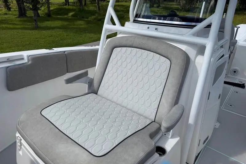 Slide: The Image of 2021 Sea Fox 288 Commander boat seat with elegant gray and white upholstery. - 15