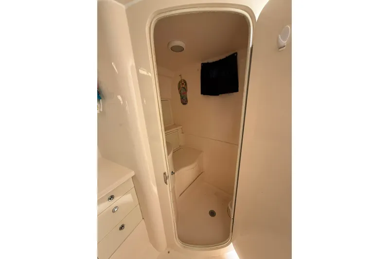 Slide: The Image of 2004 Intrepid 348 Walkaround cabin interior with shower and storage compartments. - 42