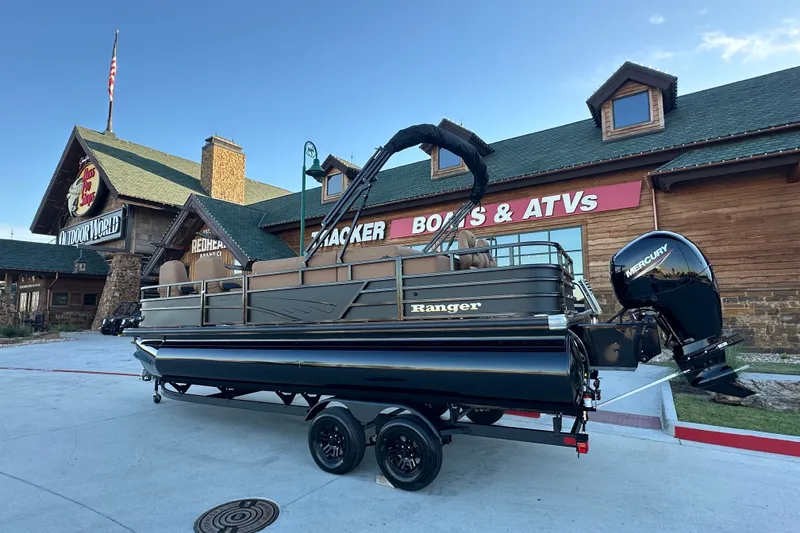 The Image of 2027 Ranger 220FC pontoon boat with Mercury engine at outdoor store. - 0