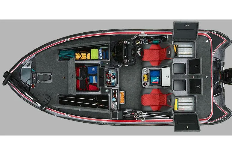 Slide: The Image of Manufacturer Provided Image: 2018 Triton 189 TrX boat interior with organized storage, red seats, and fishing gear compartments. - 28