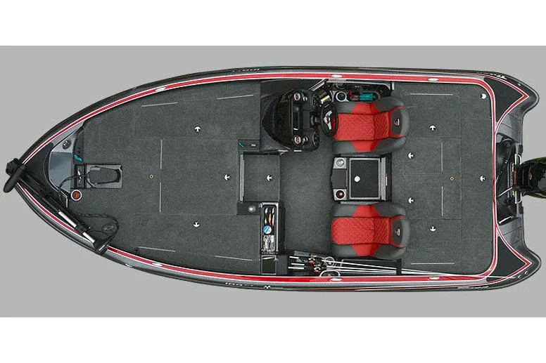 Slide: The Image of Manufacturer Provided Image: 2018 Triton 189 TrX boat interior, top view, featuring dual red seats and spacious deck layout. - 27