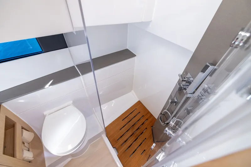 Slide: The Image of Modern bathroom interior of 2023 Fjord 41 XL yacht with sleek design. - 48