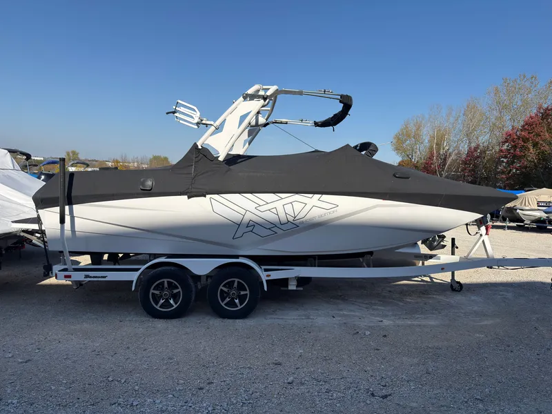 Slide: The Image of A 2020 ATX Surf Boat 22 Type-S on a trailer, covered with a black tarp. - 43