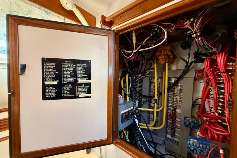 Slide: The Image of Electrical panel and wiring inside a 1997 Offshore Yachts 48 Sedan. - 27