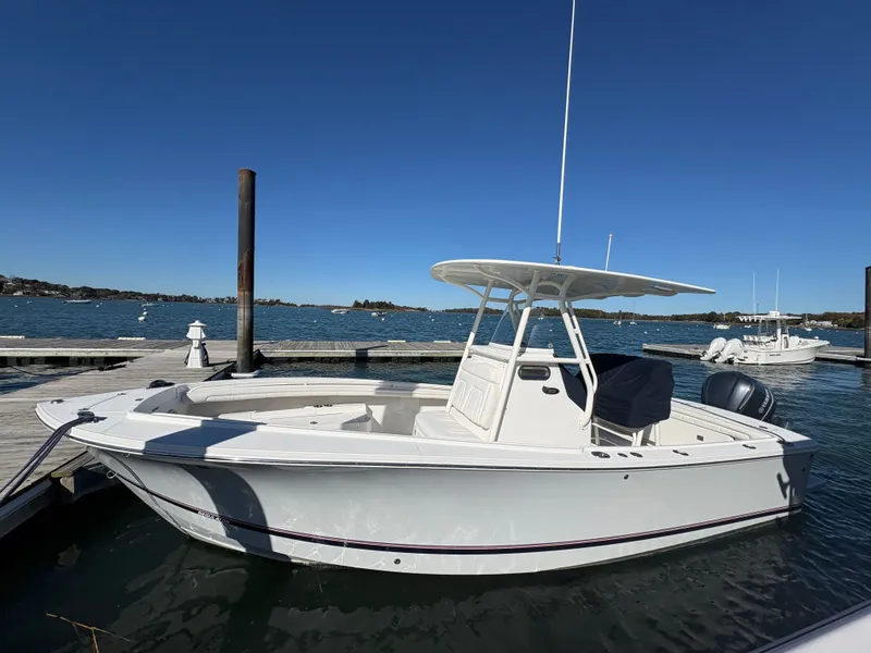 The Image of A white 2017 Regulator 23 boat docked on calm water, with a clear blue sky above. - 1