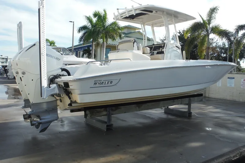 Slide: The Image of 2020 Boston Whaler 270 Dauntless boat on display with palm trees in the background. - 43