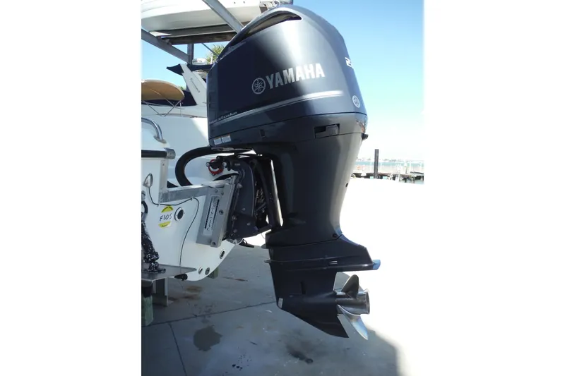 Slide: The Image of Outboard motor on a 1999 Pro Sports 2200 CC boat, dockside view. - 28