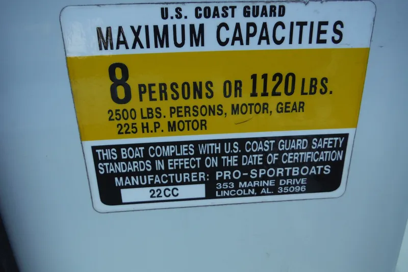 Slide: The Image of Boat capacity label for Pro Sports 2200 CC, 1999 model, 8 persons or 1120 lbs. - 22