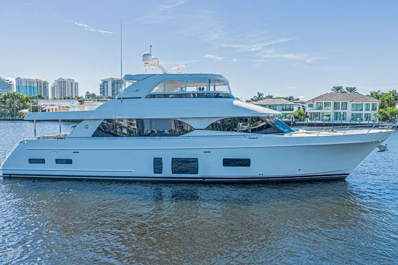 The Image of Luxury 2018 Ocean Alexander 85 E yacht on calm water, cityscape background. - 0